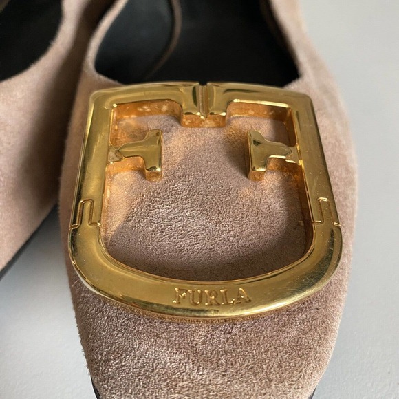 Furla Fantastica Ballet Flat Suede Gold Tone Logo Blush Pink Slip On 37 … - Picture 5 of 10